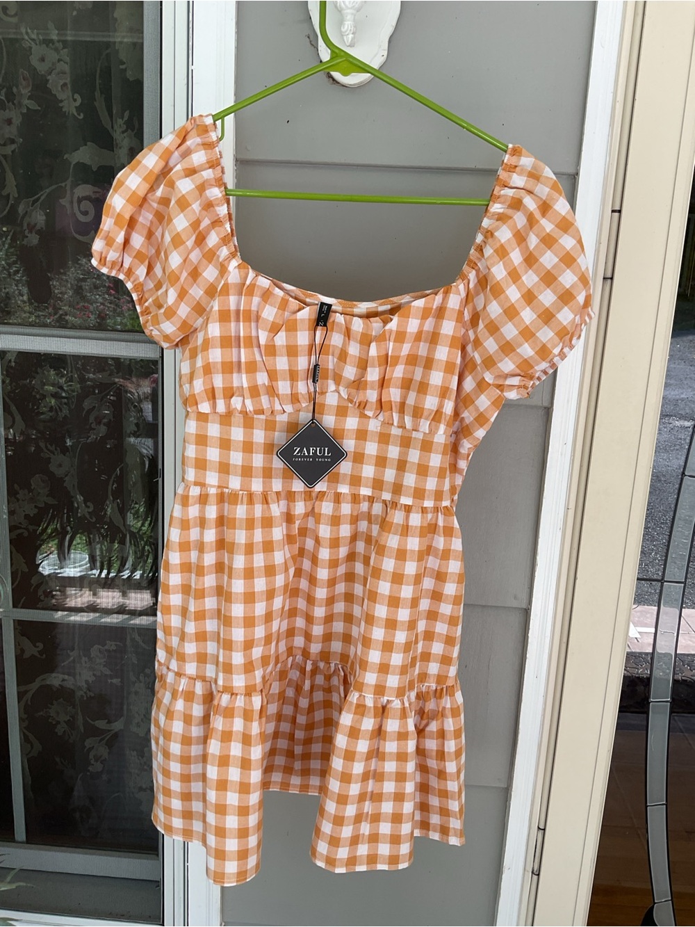 Zaful Dress Mini Large Us Sz 8 Mustard Checked Printed V-Neck Short Sleeve NW
